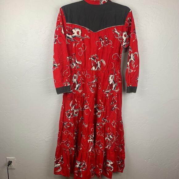 Vintage Circle T Rodeo Motif Midi Dress Size 16 Red Black  Bronc Ride - Picture 2 of 12